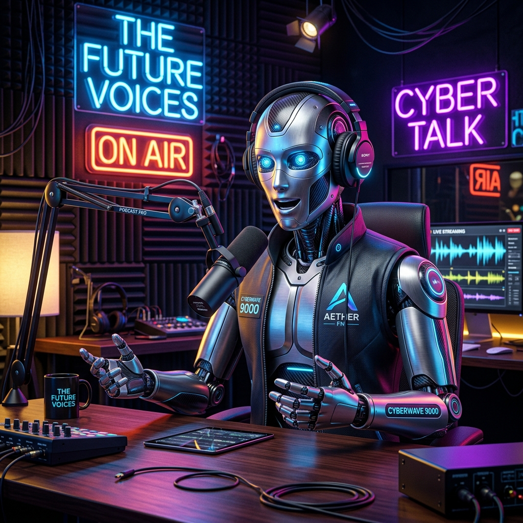A hyper-realistic robot hosting a podcast with neon lights